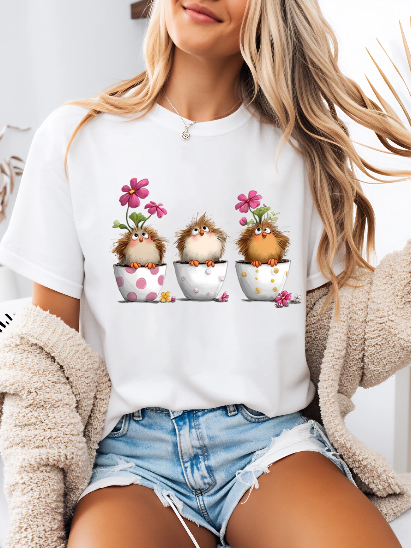 Cute Birds in Pots with Flowers Print Easter T-Shirt Women Casual Spring Outfit White Plus-Size
Cute Birds in Pots with Flowers Print Easter T-Shirt Women Casual Spring Outfit White Plus-Size