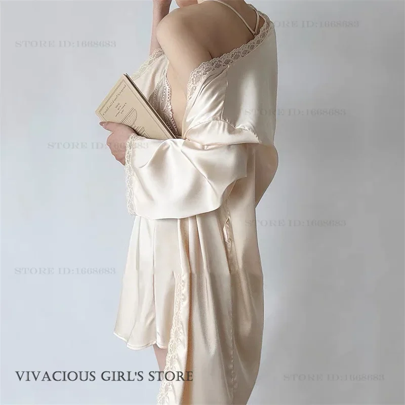Spring Summer New Twinset Robe Set Loungewear Sexy Patchwork Lace Women's Lingerie Sets Silky Satin Suspender Nightgown Homewear
Spring Summer New Twinset Robe Set Loungewear Sexy Patchwork Lace Women's Lingerie Sets Silky Satin Suspender Nightgown Homewear