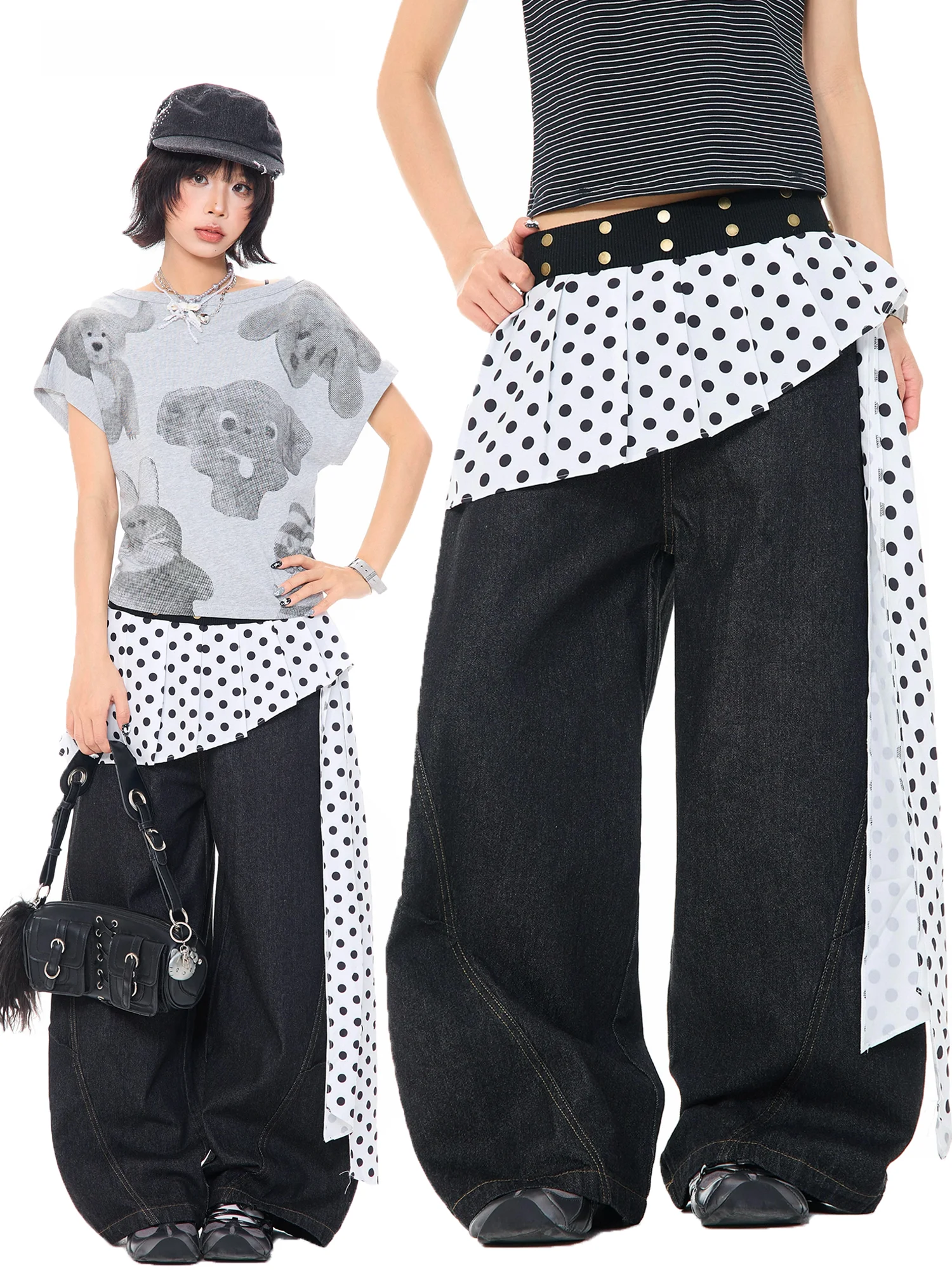 MKGO Korean Polka Dot Pleated Casual Wide Leg Jeans Women's Small Size Loose Comfortable Bows Tie Knife Denim Pants
MKGO Korean Polka Dot Pleated Casual Wide Leg Jeans Women's Small Size Loose Comfortable Bows Tie Knife Denim Pants