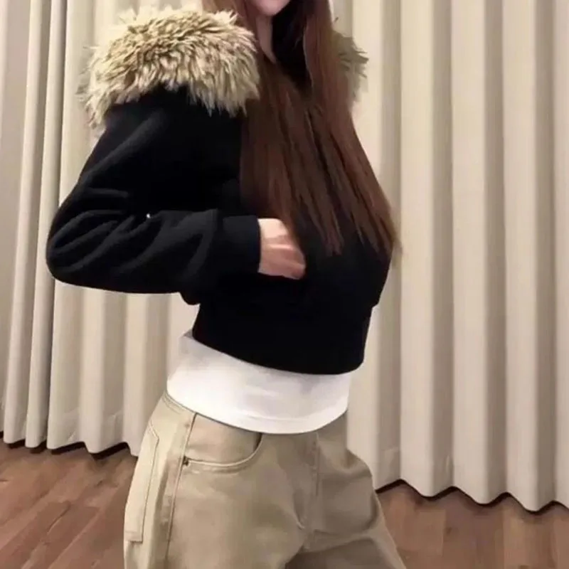 Women Spring Autumn Plush Collar Hooded Jacket Cinche Waist Slim Fit Lazy Style Temperament Solid Color Top Hooded Sweatshirt
Women Spring Autumn Plush Collar Hooded Jacket Cinche Waist Slim Fit Lazy Style Temperament Solid Color Top Hooded Sweatshirt