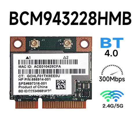 WDXUN for Broadcom BCM943228HMB BCM43228 BCM943228 Half Mini PCI-e Wlan Wireless BT Bluetooth 4.0 Card 300M 2.4G/5G - 7 WDXUN for Broadcom BCM943228HMB BCM43228 BCM943228 Half Mini PCI-e Wlan Wireless BT Bluetooth 4.0 Card 300M 2.4G/5G - 7