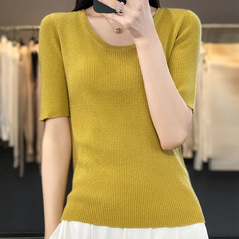 2023 Spring and Summer New Women's U-neck Half-sleeve Striped Sweater Slim Middle Sleeve Bottom Top Sweater
2023 Spring and Summer New Women's U-neck Half-sleeve Striped Sweater Slim Middle Sleeve Bottom Top Sweater