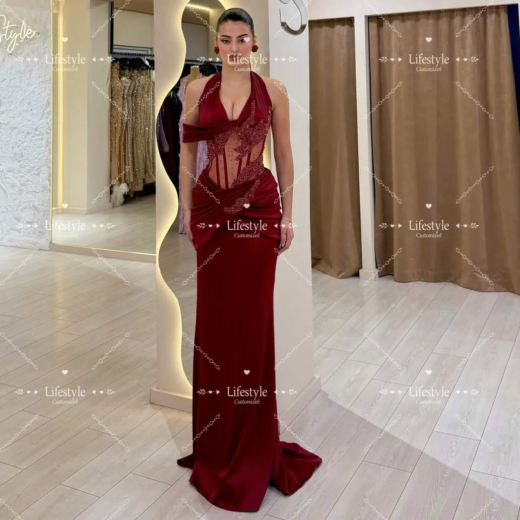 Customized Burgundy Halter Neck Formal Evening Dresses Prom Gown Sheer Beaded Mermaid Train Elegant Party Dresses 2026 For Women
Customized Burgundy Halter Neck Formal Evening Dresses Prom Gown Sheer Beaded Mermaid Train Elegant Party Dresses 2026 For Women