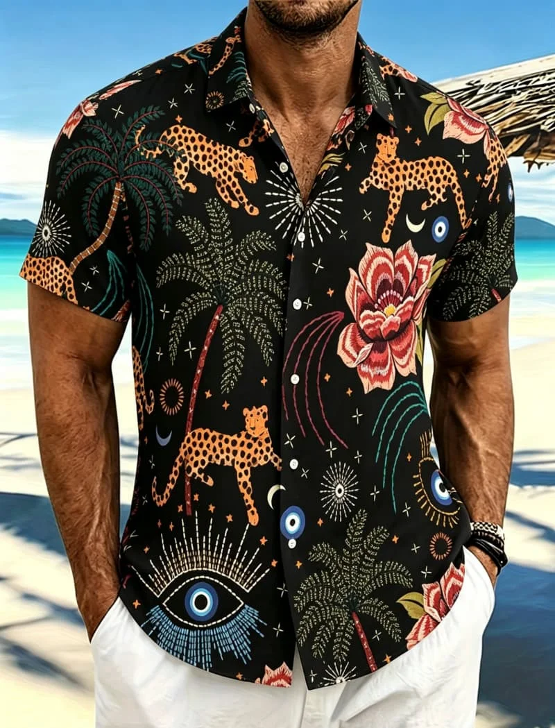Men's tropical animal jungle printed short sleeved button up shirt, suitable for summer, vacation, and weekend travel
Men's tropical animal jungle printed short sleeved button up shirt, suitable for summer, vacation, and weekend travel
