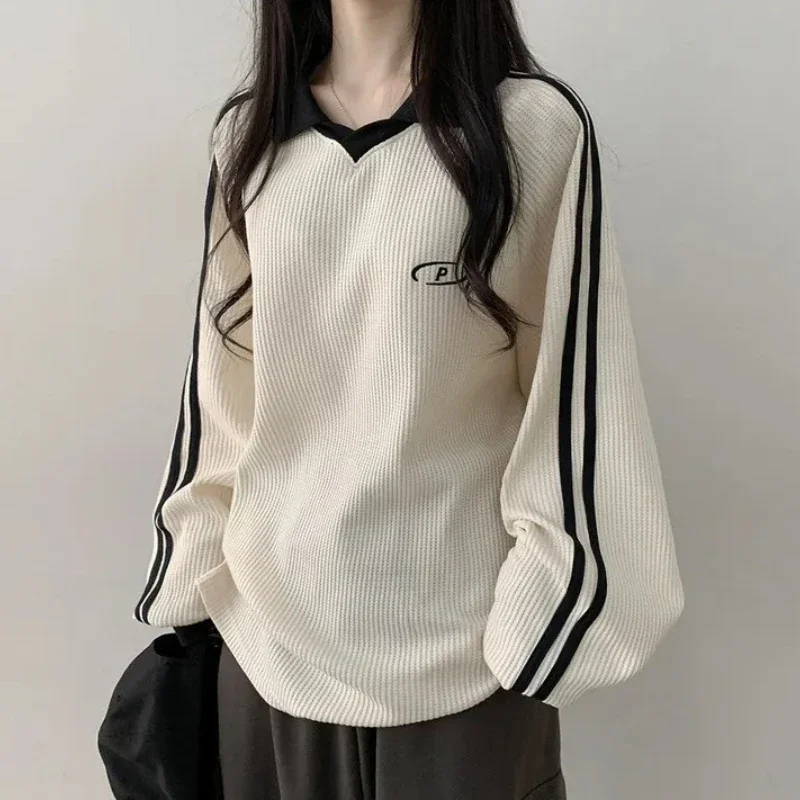 Korean Fashion Female Long Sleeve Tops Polo Neck Striped Sweatshirt Women Casual Patchwork Pullovers Ladies Vintage Hoodies 2025
Korean Fashion Female Long Sleeve Tops Polo Neck Striped Sweatshirt Women Casual Patchwork Pullovers Ladies Vintage Hoodies 2025