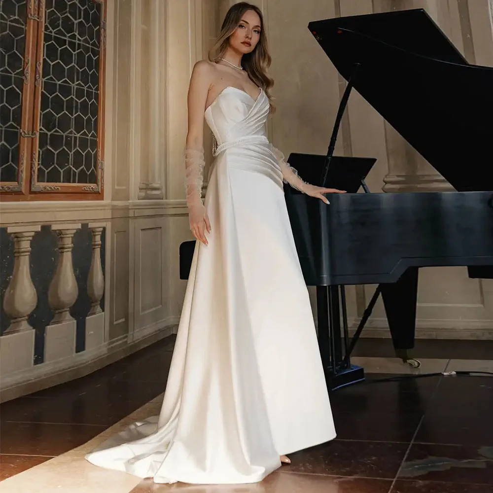 Modest Women Satin Wedding Dresses 2026 Customized Vestido De Novia Sweetheart Pleats A-Line Bridal Gowns with Lace Up Back
Modest Women Satin Wedding Dresses 2026 Customized Vestido De Novia Sweetheart Pleats A-Line Bridal Gowns with Lace Up Back