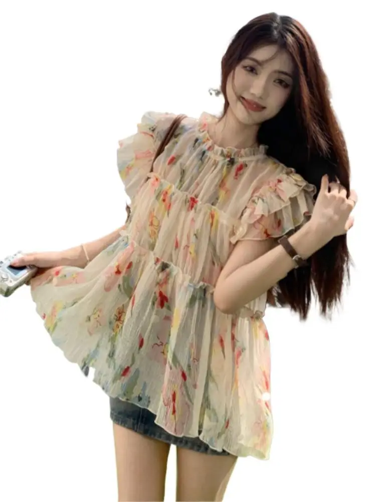Women Loose Sweet Lotus Leaf Sleeve Chiffon Blouse Lotus Collar Floral Print All-Matching Casual Top Summer Holiday Beach Shirts
Women Loose Sweet Lotus Leaf Sleeve Chiffon Blouse Lotus Collar Floral Print All-Matching Casual Top Summer Holiday Beach Shirts