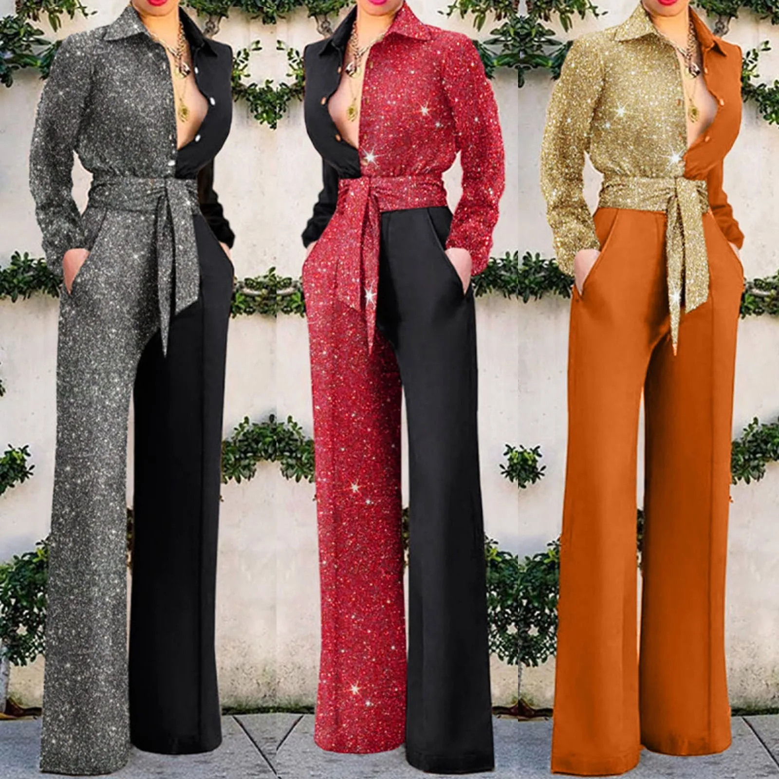 Women Elegant Sequined Glitter Jumpsuit Wide Leg Trousers Wide Leg Pants Sexy Turn Down Collar Deep V Jumpsuit Romper Overalls
Women Elegant Sequined Glitter Jumpsuit Wide Leg Trousers Wide Leg Pants Sexy Turn Down Collar Deep V Jumpsuit Romper Overalls