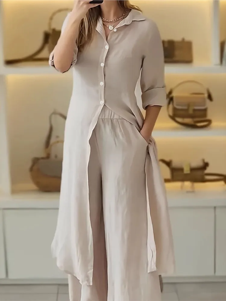 Женский повседневный комплект рубашек, модные длинные рубашки с отложным воротником и пуговицами, топы + широкие брюки, комплекты из 2 предметов для женщин, праздничная одежда
Женский повседневный комплект рубашек, модные длинные рубашки с отложным воротником и пуговицами, топы + широкие брюки, комплекты из 2 предметов для женщин, праздничная одежда
