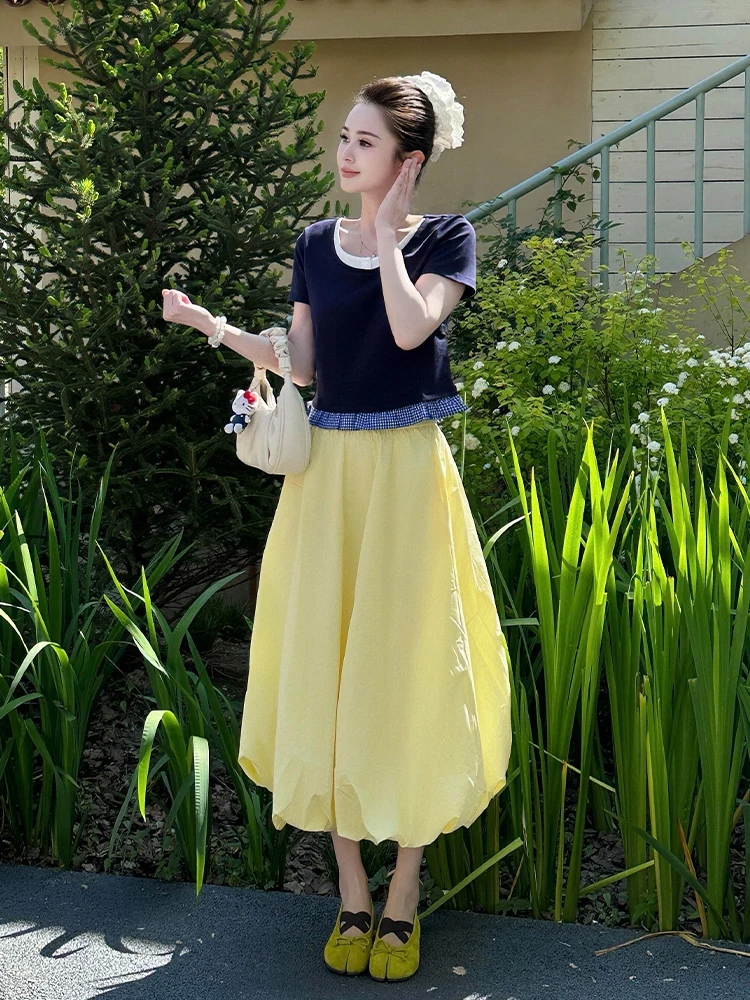 Summer New Blue Short Sleeve Shirt And Yellow Flower Skirt Set Women's Fashion Ensemble High Waist Midi Skirt Comfortable Fit
Summer New Blue Short Sleeve Shirt And Yellow Flower Skirt Set Women's Fashion Ensemble High Waist Midi Skirt Comfortable Fit