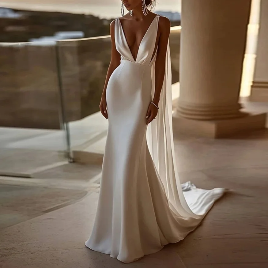 Customized Sexy Pleat Spaghetti Straps Mermaid Wedding Dresses Sleeveless Open Back Deep V-Neck Bridal Gown Ribbon Trim for 2026
Customized Sexy Pleat Spaghetti Straps Mermaid Wedding Dresses Sleeveless Open Back Deep V-Neck Bridal Gown Ribbon Trim for 2026