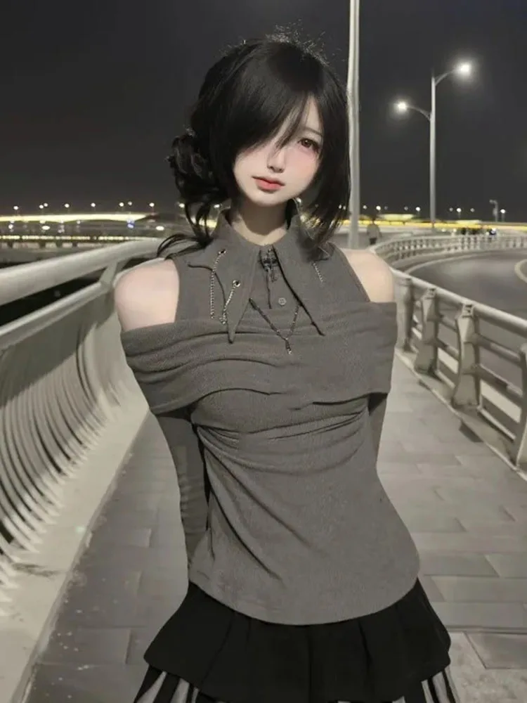 Gray Off Shoulder Long Sleeved T-shirts Women Y2k Aesthetic Slim Fit Slash Neck Tops Retro Street Spicy Girl Streetwear
Gray Off Shoulder Long Sleeved T-shirts Women Y2k Aesthetic Slim Fit Slash Neck Tops Retro Street Spicy Girl Streetwear