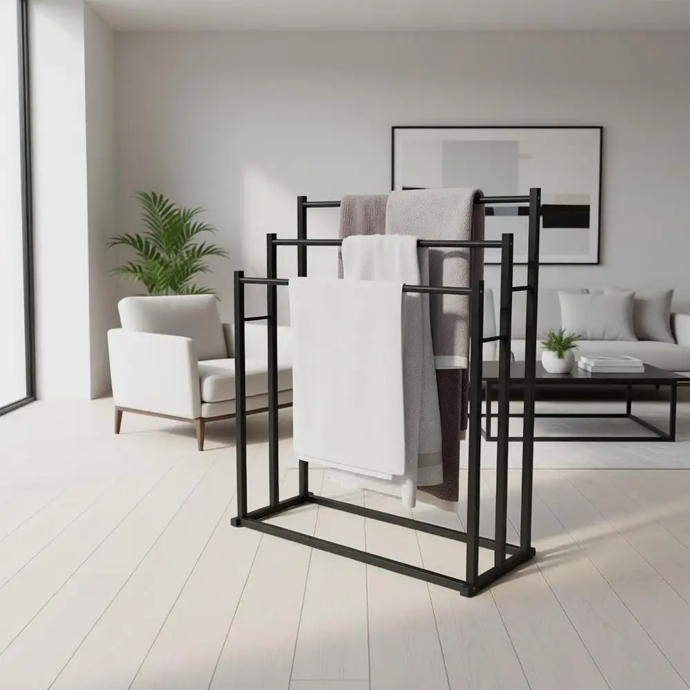 Трехуровневая напольная вешалка для полотенец для больших банных полотенец - идеально подходит для сушки и демонстрации одеял у ванны или душа
Трехуровневая напольная вешалка для полотенец для больших банных полотенец - идеально подходит для сушки и демонстрации одеял у ванны или душа