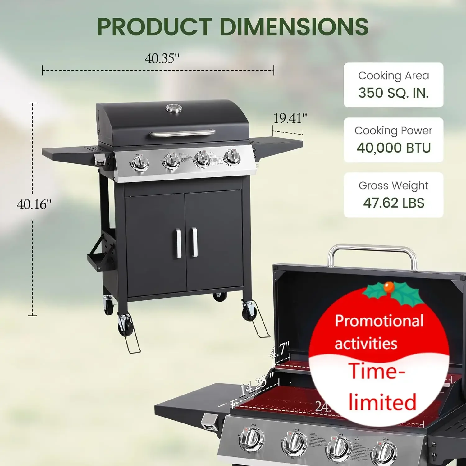 4-Burner Propane Gas BBQ Grill, Upgraded 40,000 BTU Stainless Steel Barbecue Grill with Foldable Side Tables, Spice Rack & Wheel
4-Burner Propane Gas BBQ Grill, Upgraded 40,000 BTU Stainless Steel Barbecue Grill with Foldable Side Tables, Spice Rack & Wheel