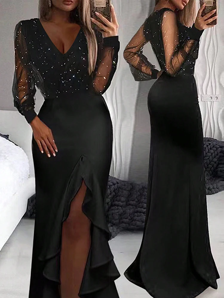 Sequin Ruffle Slit Evening Dress Women Solid Maxi Long Dresses With Sleeves Wedding Elegant Party Dresses 2025 Woman Clothing
Sequin Ruffle Slit Evening Dress Women Solid Maxi Long Dresses With Sleeves Wedding Elegant Party Dresses 2025 Woman Clothing