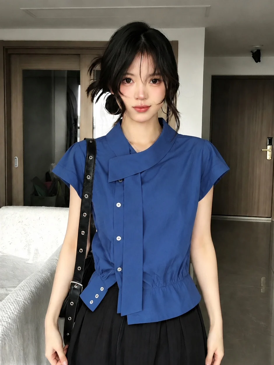 Klein Blue Asymmetric Short Sleeve Shirt Women's Summer High Sensation Sash White Collar Fly Sleeve Cotton Breathable Thin
Klein Blue Asymmetric Short Sleeve Shirt Women's Summer High Sensation Sash White Collar Fly Sleeve Cotton Breathable Thin