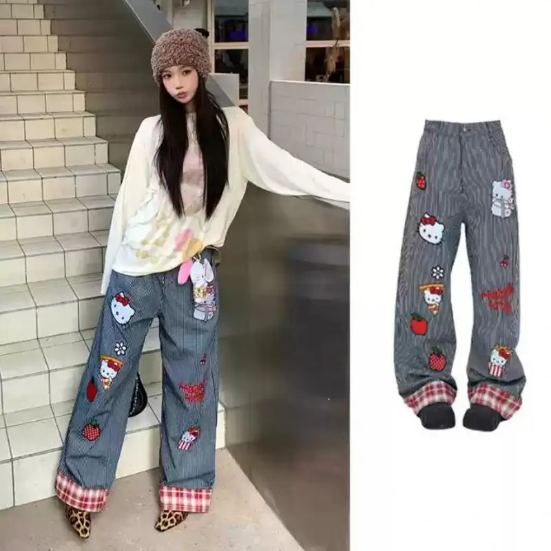 Hello Kitty, весна/лето, новые винтажные повседневные брюки в клетку с вышивкой в полоску для женщин, свободные широкие брюки-тапочки
Hello Kitty, весна/лето, новые винтажные повседневные брюки в клетку с вышивкой в полоску для женщин, свободные широкие брюки-тапочки