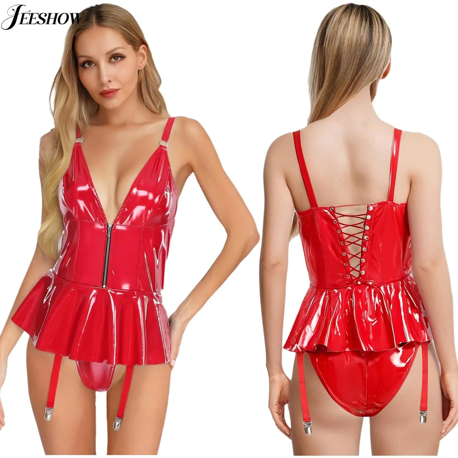 Womens PU Leather V Neck Sleeveless Skrited Bodysuit Wet Look Front Zipper Ruffled Micro Dress Built-in Briefs Night Club Wear
Womens PU Leather V Neck Sleeveless Skrited Bodysuit Wet Look Front Zipper Ruffled Micro Dress Built-in Briefs Night Club Wear