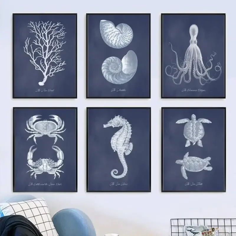 Nautical Navy Blue Coral Shell Seahorse Turtle Crab Octopus Sea Life Wall Art Canvas Painting And Prints for Kids Room Decor
Nautical Navy Blue Coral Shell Seahorse Turtle Crab Octopus Sea Life Wall Art Canvas Painting And Prints for Kids Room Decor