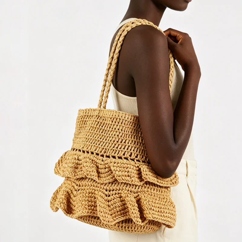 Stylish Pleated Woven Bucket Bag Bohemian Summer Beach Vacation Shoulder Bag Solid Color Casual Large Capacity Ruffle Handbag
Stylish Pleated Woven Bucket Bag Bohemian Summer Beach Vacation Shoulder Bag Solid Color Casual Large Capacity Ruffle Handbag