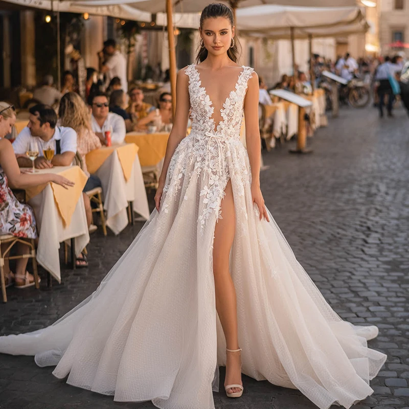 Eightree Elegant A-Line Wedding Dresses Applique Backless Side Slit Dress 2023 Boho Beach Wedding Evening Prom Gowns Custom Size
Eightree Elegant A-Line Wedding Dresses Applique Backless Side Slit Dress 2023 Boho Beach Wedding Evening Prom Gowns Custom Size