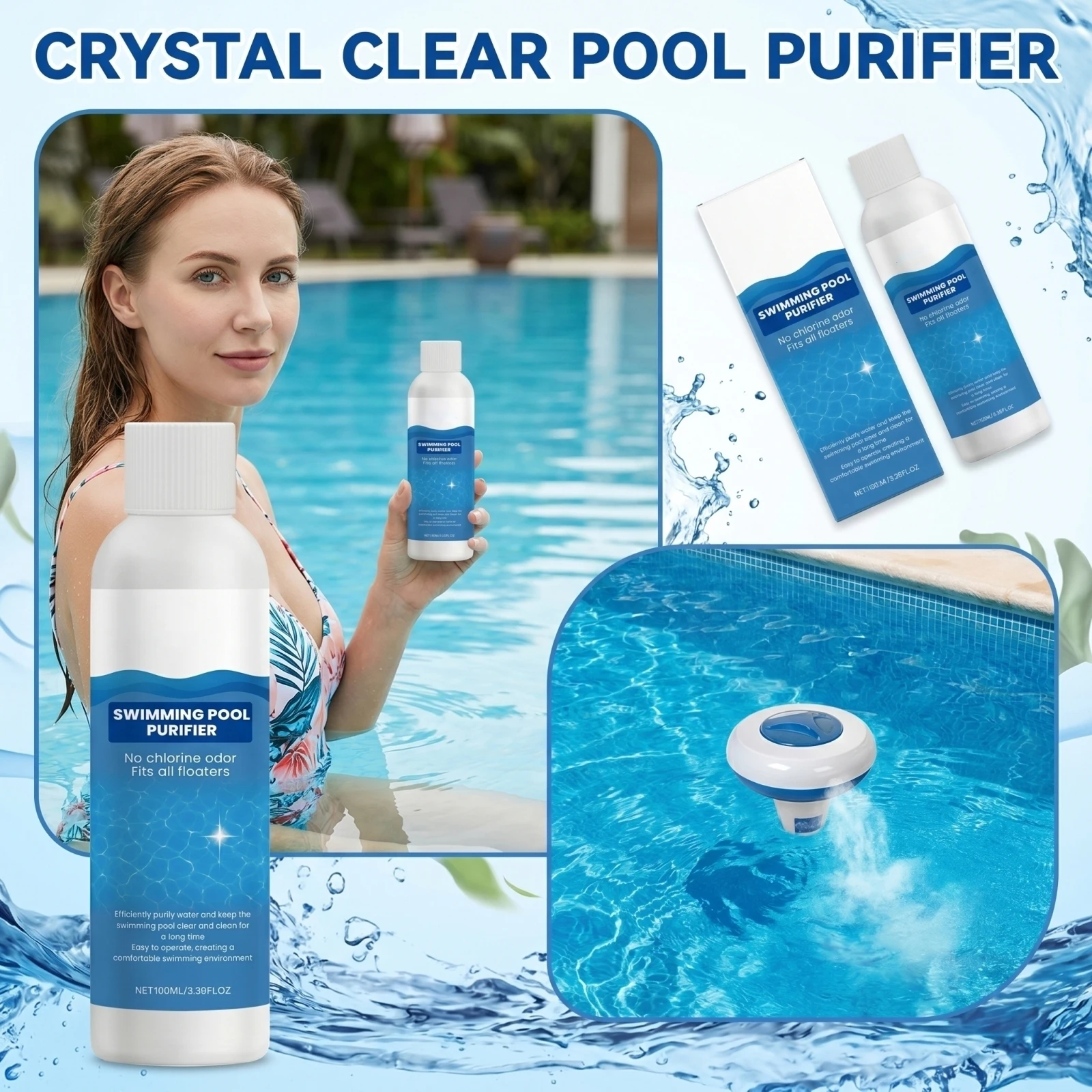 Swimming Pool Purifier Liquid 100ml Water Clarifier Eliminator Fast Acting Cleaning Solution for Pool and Spa Water Maintenance
Swimming Pool Purifier Liquid 100ml Water Clarifier Eliminator Fast Acting Cleaning Solution for Pool and Spa Water Maintenance