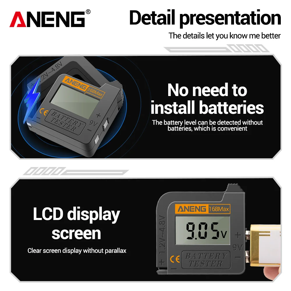 Battery Tester Digital Display Portable ANENG 168Max Professional AA/AAA/1.5V/9V/C/D Lithium Battery CR2032/LR44 Button Battery
Battery Tester Digital Display Portable ANENG 168Max Professional AA/AAA/1.5V/9V/C/D Lithium Battery CR2032/LR44 Button Battery