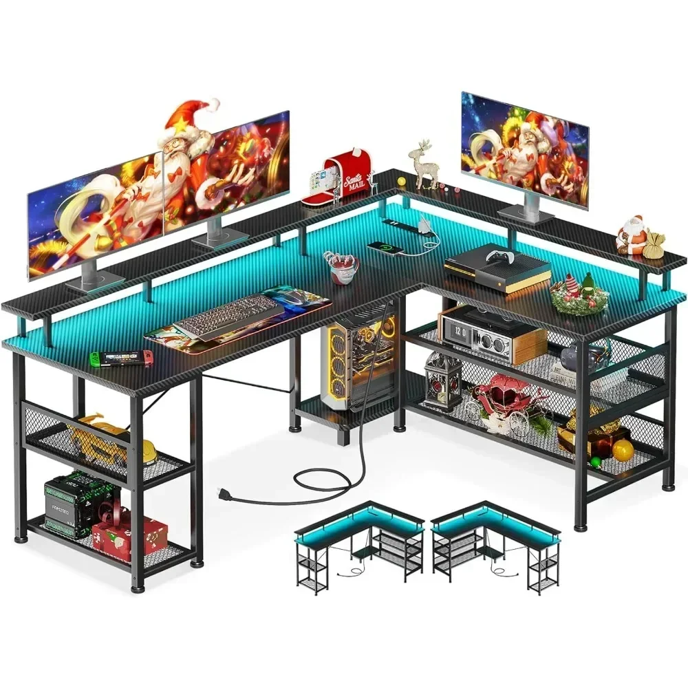59" L Shaped Gaming Desk with Power Outlet and LED Lights, Reversible L Shaped Desk with Storage Shelves & Monitor Stand
59" L Shaped Gaming Desk with Power Outlet and LED Lights, Reversible L Shaped Desk with Storage Shelves & Monitor Stand
