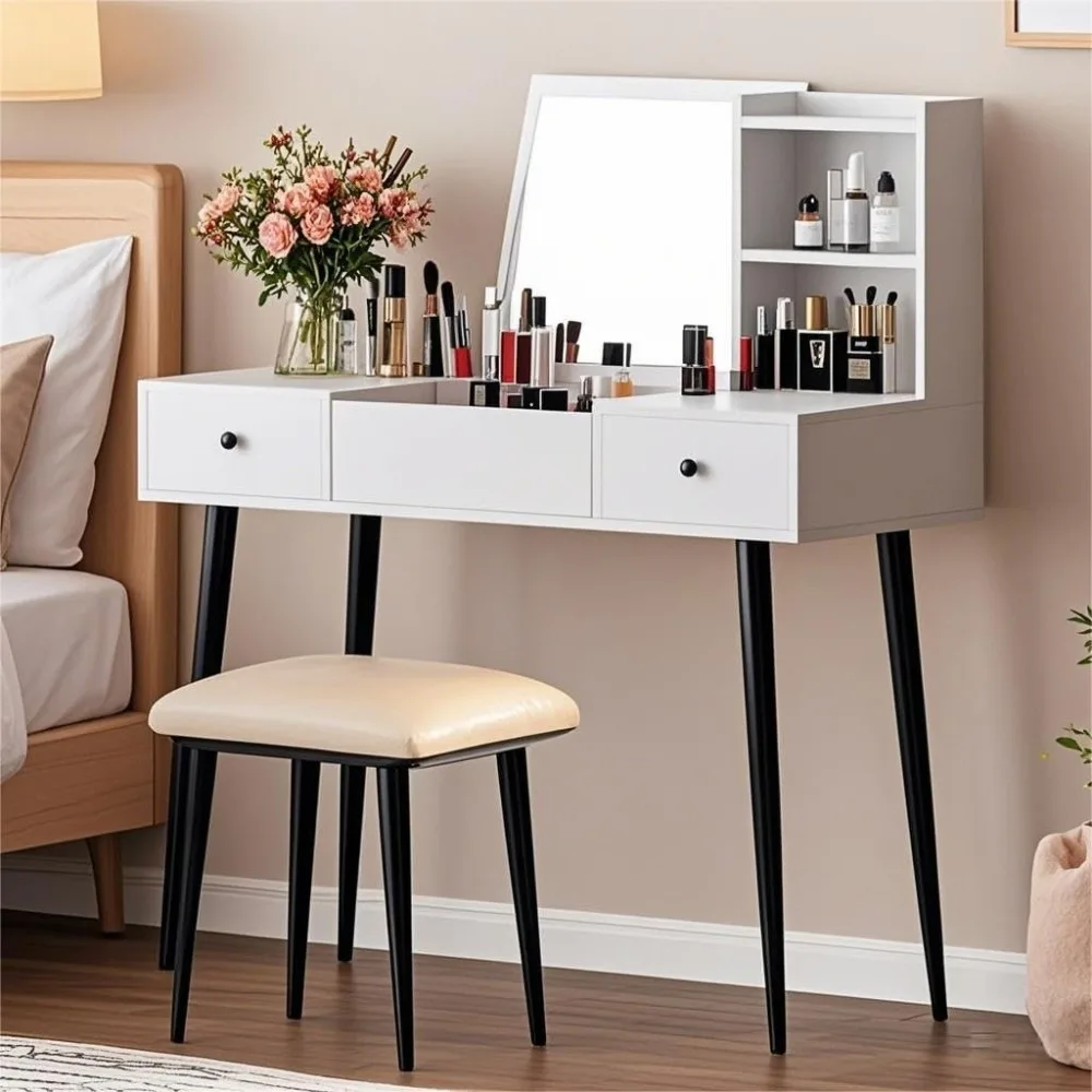 Makeup Vanities, Dressing Desk Flip Top Mirror, 2 Drawers Wooden Vanity Table for Bedroom, Table Set with Upholstered Stool
Makeup Vanities, Dressing Desk Flip Top Mirror, 2 Drawers Wooden Vanity Table for Bedroom, Table Set with Upholstered Stool