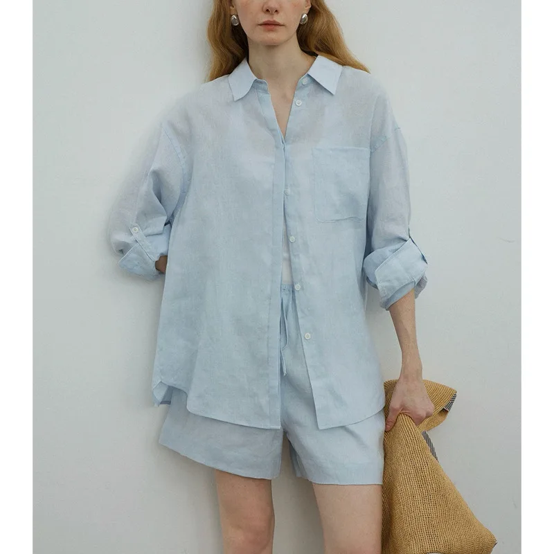 Women Summer Casual Linen Rolled Lapel Shirt/Shorts Sunscreen Set
Women Summer Casual Linen Rolled Lapel Shirt/Shorts Sunscreen Set