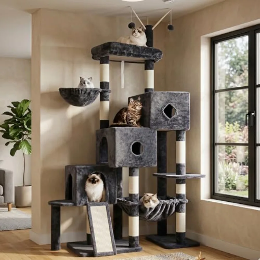Cat Tree Tower Scratchg Posts with 3 Condos Large Basket Cozy Bed Sisal Board Step-by-Step Climbg Pathway and Toys Furniture fo
Cat Tree Tower Scratchg Posts with 3 Condos Large Basket Cozy Bed Sisal Board Step-by-Step Climbg Pathway and Toys Furniture fo