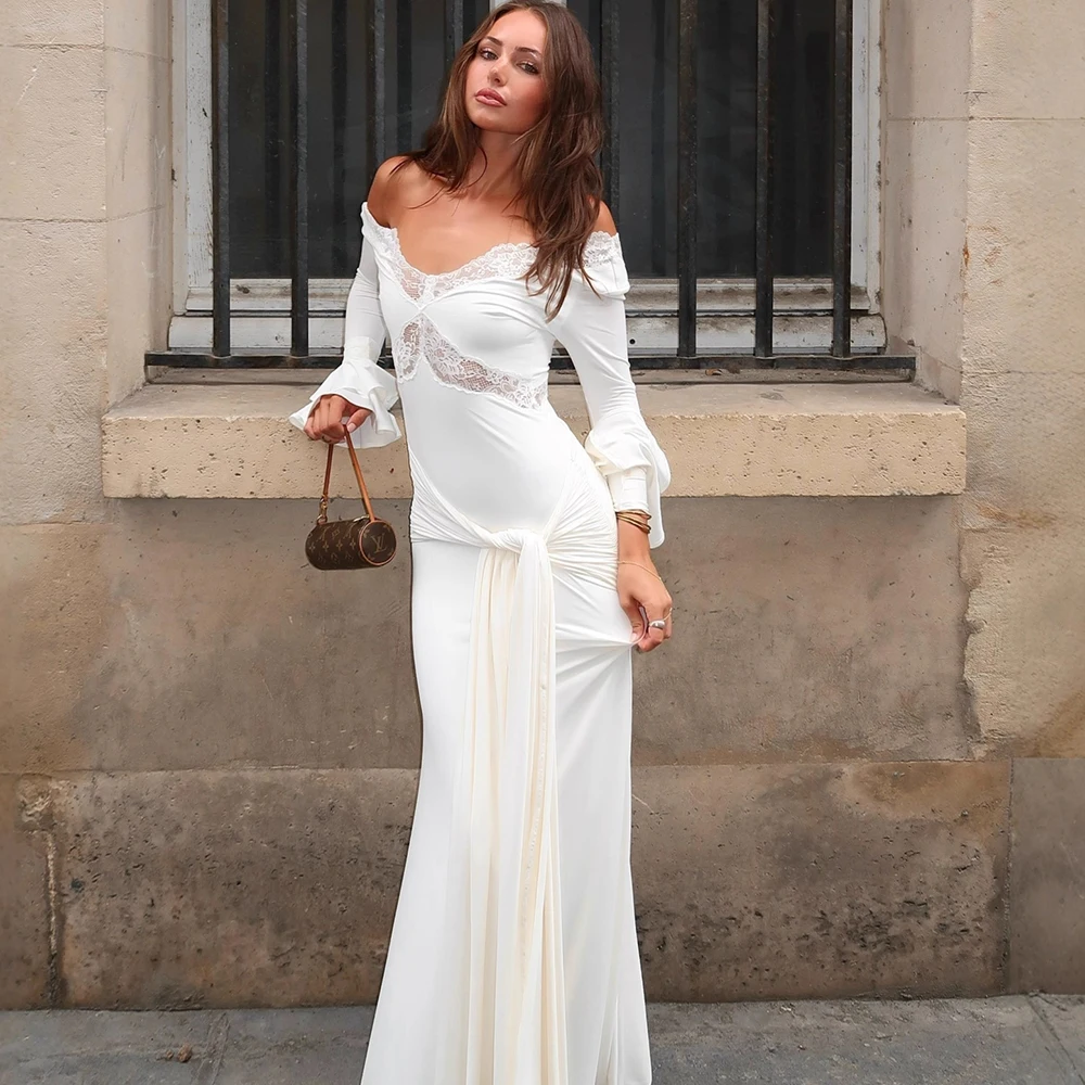 Women's Elegant Ruffle Evening Dress White Long Flared Sleeves Slim Hollow Out Lace Autumn Party Wedding Fishtail Maxi Dresses
Women's Elegant Ruffle Evening Dress White Long Flared Sleeves Slim Hollow Out Lace Autumn Party Wedding Fishtail Maxi Dresses