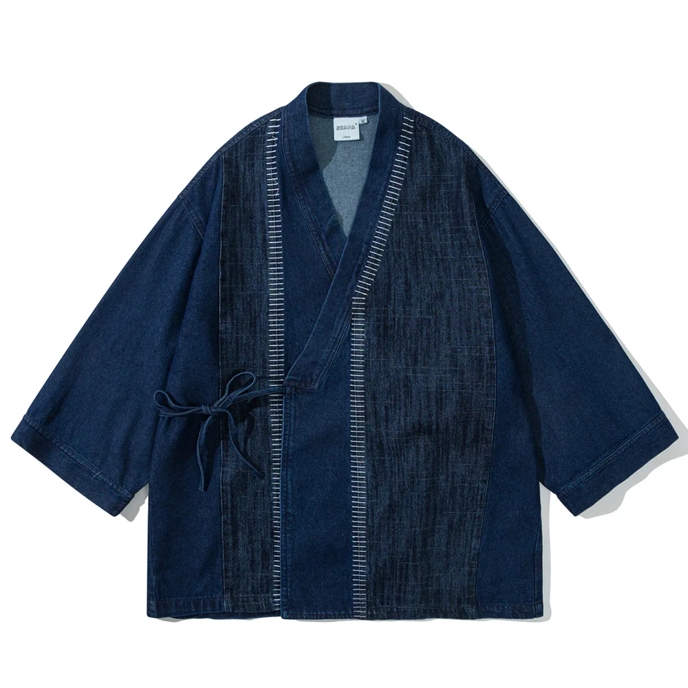 Japanese-style Retro Amekaji Washed and Spliced Seven-sleeve Samurai Coat Jacket, Unisex Loose Collarless Denim Jacket Vintage
Japanese-style Retro Amekaji Washed and Spliced Seven-sleeve Samurai Coat Jacket, Unisex Loose Collarless Denim Jacket Vintage