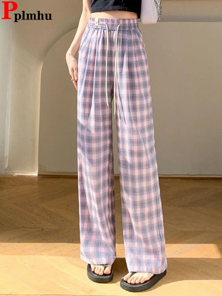 Women Casual Plaid Design Straight Pants Korean Fashion Elastic High Waist Wide Leg Pantalones Spring Fall Loose Lace Up Spodnie
Women Casual Plaid Design Straight Pants Korean Fashion Elastic High Waist Wide Leg Pantalones Spring Fall Loose Lace Up Spodnie