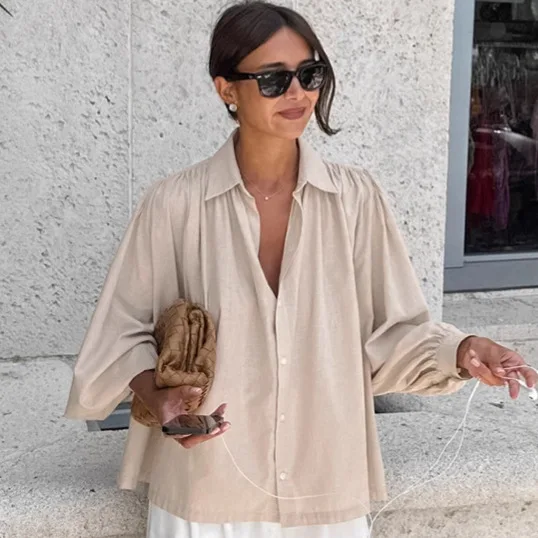 Pleated Autumn Women's Blouse Khaki Turn Down Collar Single Breasted Elastic Cuffs Female Shirt Casual Commuting Shirt For Lady
Pleated Autumn Women's Blouse Khaki Turn Down Collar Single Breasted Elastic Cuffs Female Shirt Casual Commuting Shirt For Lady