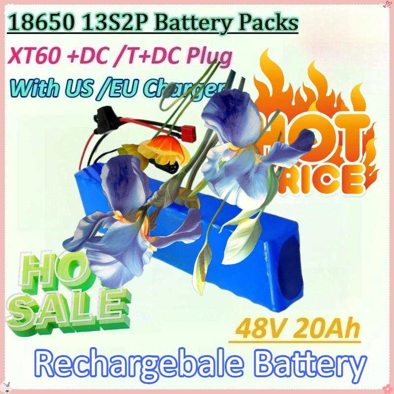 New 48V 20Ah 18650 Lithium Battery Packs 13S2P High Power Battery for XT60 +DC /T+DC Plug for 54.6V Built-in Bms with Charger
New 48V 20Ah 18650 Lithium Battery Packs 13S2P High Power Battery for XT60 +DC /T+DC Plug for 54.6V Built-in Bms with Charger