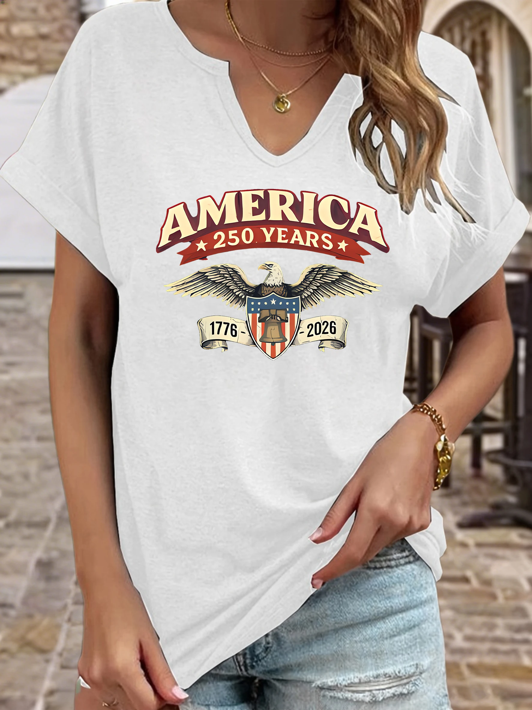 Women's Summer V-Neck Short Sleeve T-Shirt, "America 250 Years 1776-2026" Eagle Print, Patriotic Casual Top
Women's Summer V-Neck Short Sleeve T-Shirt, "America 250 Years 1776-2026" Eagle Print, Patriotic Casual Top