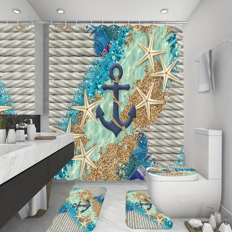 4 шт., комплект пляжных якорных занавесок для душа, синяя блестящая морская водонепроницаемая занавеска для душа с 12 крючками, нескользящий коврик для ванной комнаты, к
4 шт., комплект пляжных якорных занавесок для душа, синяя блестящая морская водонепроницаемая занавеска для душа с 12 крючками, нескользящий коврик для ванной комнаты, к