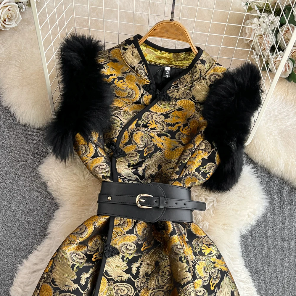 Autumn Dress 2025 Retro Chinese Style Elegant Women'S Dresses Faux Fur Splicing Vest Waist Slim Short A-Line Jacquard Vestidos
Autumn Dress 2025 Retro Chinese Style Elegant Women'S Dresses Faux Fur Splicing Vest Waist Slim Short A-Line Jacquard Vestidos