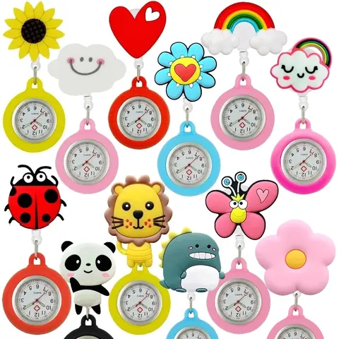 Lovely Cartoon Retractable Animals Love Heart Rainbow Sunflower Nurse Doctor Hospital Clips Pocket Hang Quartz Watches Clock