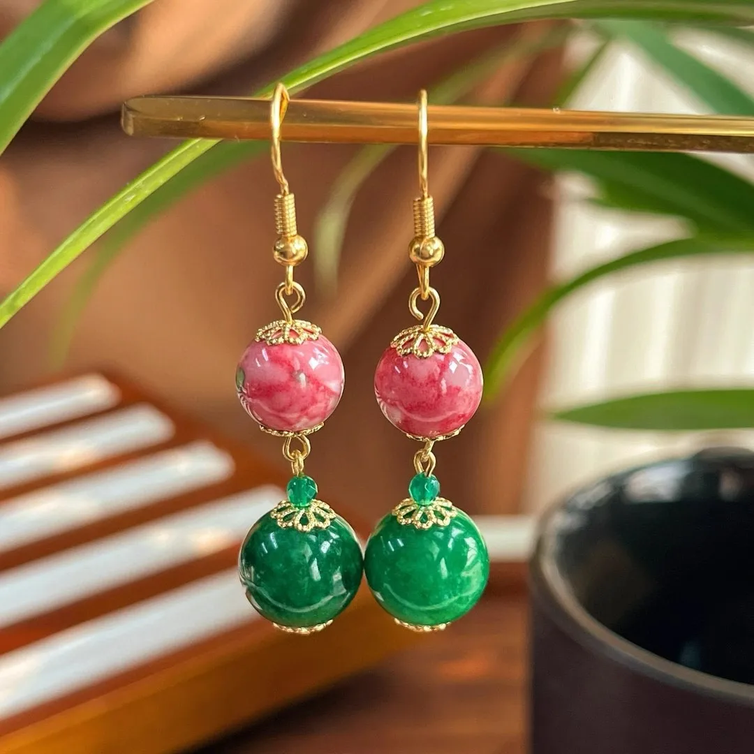 Antique 10mm Ceramic Glazed Pink Beads & Green Jade Earrings
Antique 10mm Ceramic Glazed Pink Beads & Green Jade Earrings