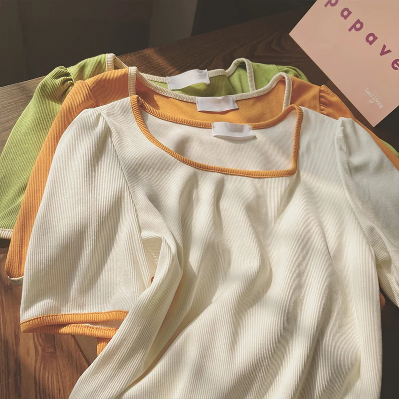 Summer New Style Women's Short Sleeve T-Shirt Square Collar Inner Wear Bone Exposure Orange Kitten Home Color Block Top
Summer New Style Women's Short Sleeve T-Shirt Square Collar Inner Wear Bone Exposure Orange Kitten Home Color Block Top
