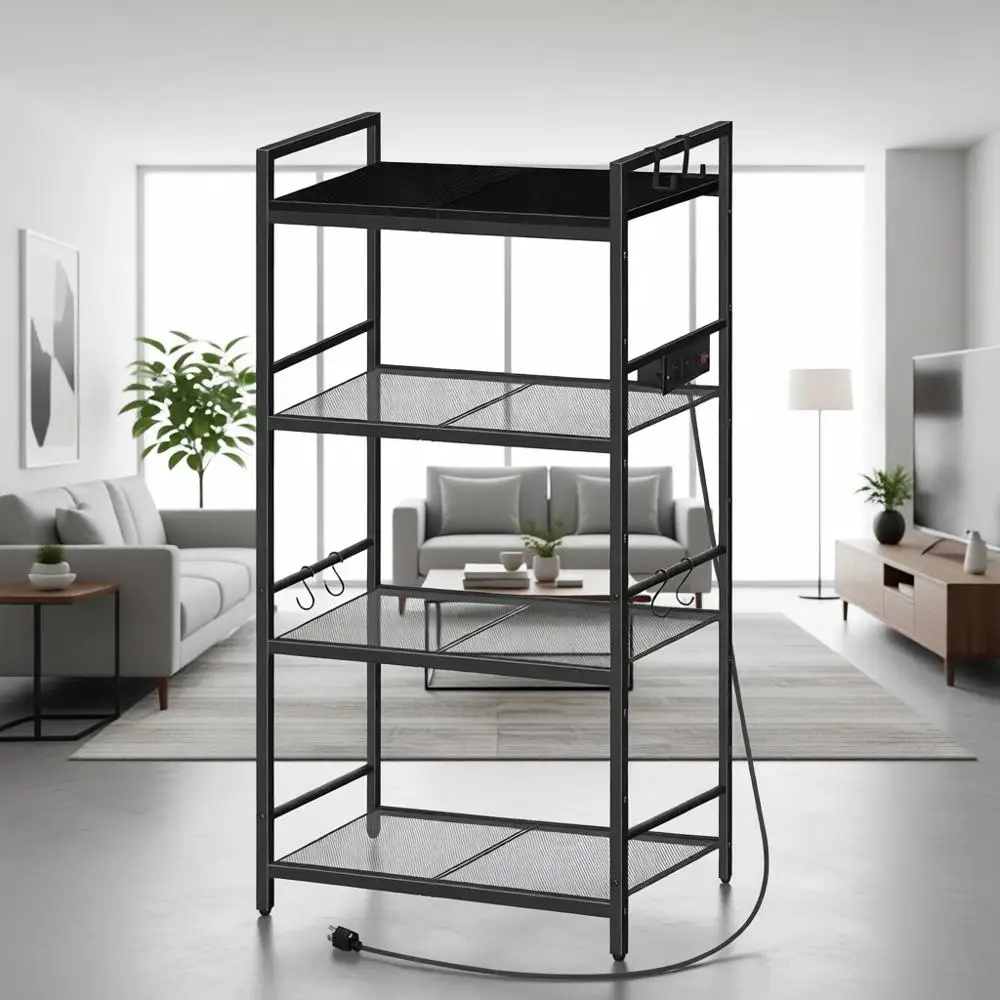 Black Kitchen Storage Rack with Power Outlet, Hooks, and Enclosure
Black Kitchen Storage Rack with Power Outlet, Hooks, and Enclosure