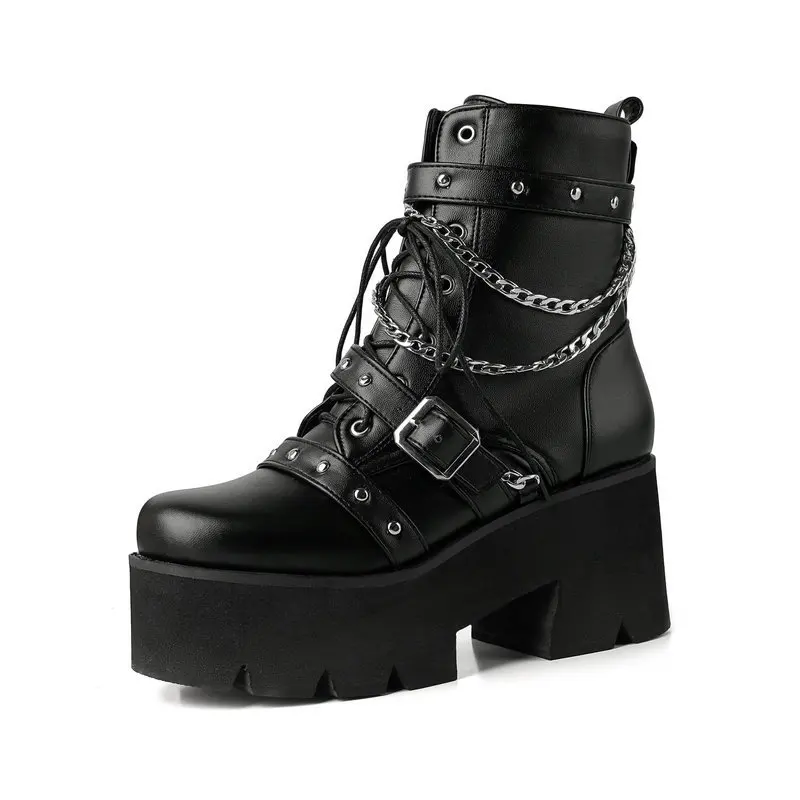 Women's Gothic Platform Ankle Boots Black Leather Lace-Up Chunky Heel Boots with Chain Strap Punk Rock Motorcycle Footwear
Women's Gothic Platform Ankle Boots Black Leather Lace-Up Chunky Heel Boots with Chain Strap Punk Rock Motorcycle Footwear