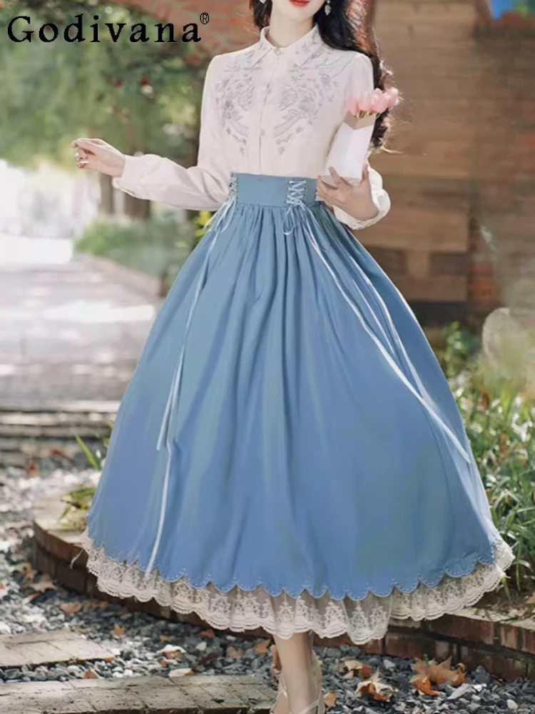 French Vintage Fine Embroidery Long Sleeve Loose Turn-down Collar Shirt Top Fashion High Waist Lace Big Swing Skirt Lolita Sets
French Vintage Fine Embroidery Long Sleeve Loose Turn-down Collar Shirt Top Fashion High Waist Lace Big Swing Skirt Lolita Sets