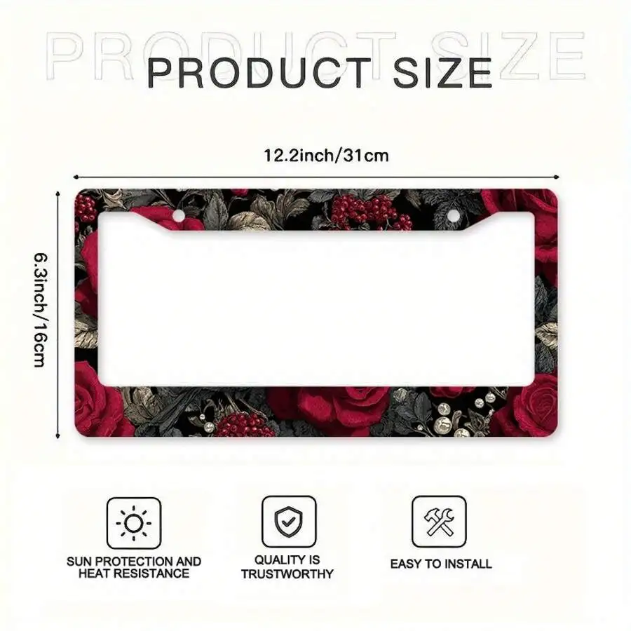 Aluminum License Plate Frame With Dark Red Roses And Black Leaves For US Vehicles
Aluminum License Plate Frame With Dark Red Roses And Black Leaves For US Vehicles