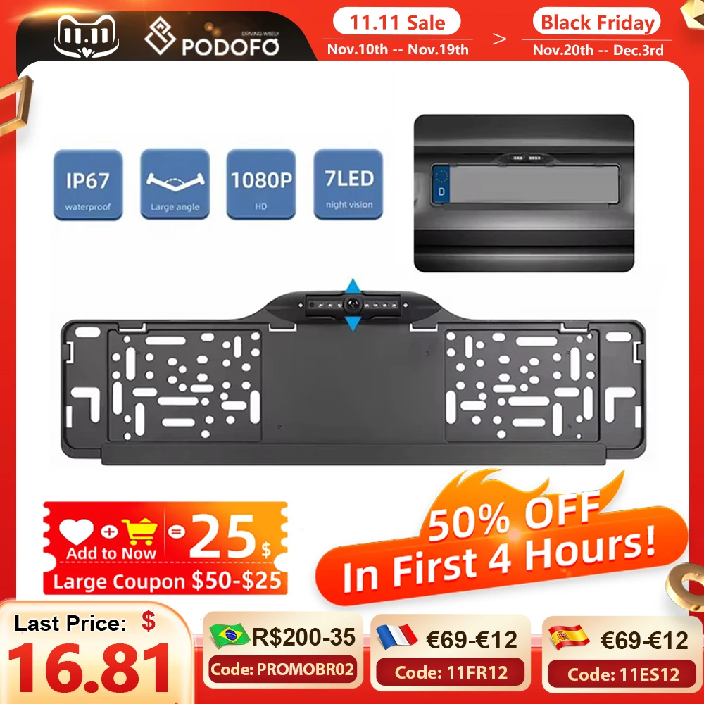 Podofo European License Plate Frame Reverse Camera Night Vision with LED White Light 720P/1080P/CVBS Adjustable
Podofo European License Plate Frame Reverse Camera Night Vision with LED White Light 720P/1080P/CVBS Adjustable