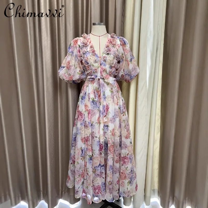 2025 Spring and Summer New V-neck Bubble Sleeves Retro Printing Three-dimensional Applique Casual Long Dress with Belt Women
2025 Spring and Summer New V-neck Bubble Sleeves Retro Printing Three-dimensional Applique Casual Long Dress with Belt Women