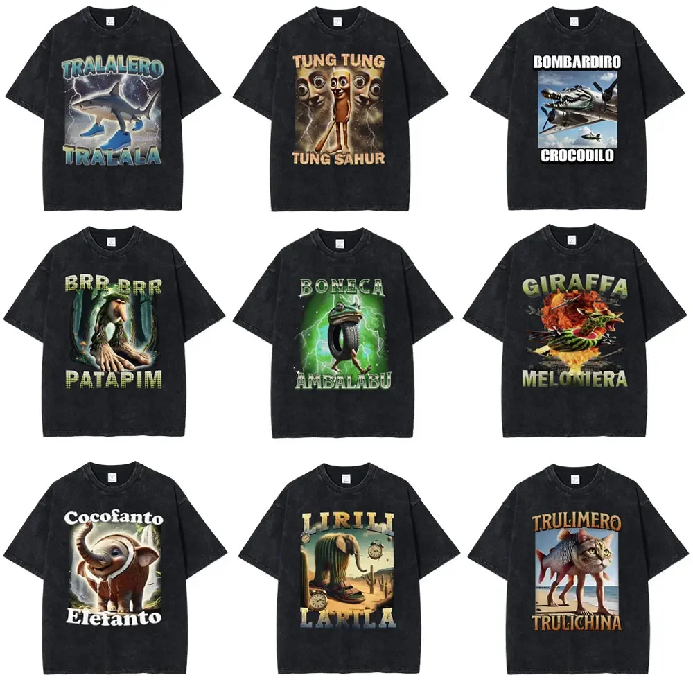 2025 Italian Funny Meme Short Sleeve Tralalero Tralala TungSahur Bombardiro Crocodile Brr Patapim Washed T-Shirt Men and Women
2025 Italian Funny Meme Short Sleeve Tralalero Tralala TungSahur Bombardiro Crocodile Brr Patapim Washed T-Shirt Men and Women