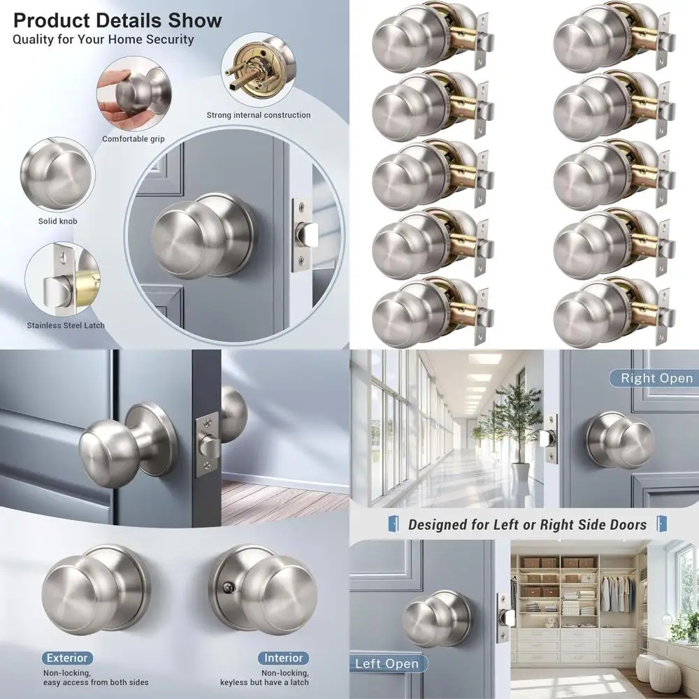 Satin Nickel Round Passage Door Knob Set, Non-Locking for Hall and Closet Doors, Keyless Stainless Steel Handles
Satin Nickel Round Passage Door Knob Set, Non-Locking for Hall and Closet Doors, Keyless Stainless Steel Handles